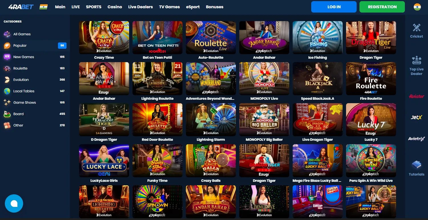 4rabet casino game catalogue with live dealers